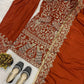 Rust Orange Natural Crepe Silk Punjabi Suit Set with Peacock Embroidery, Sequins Work & Farshi Salwar