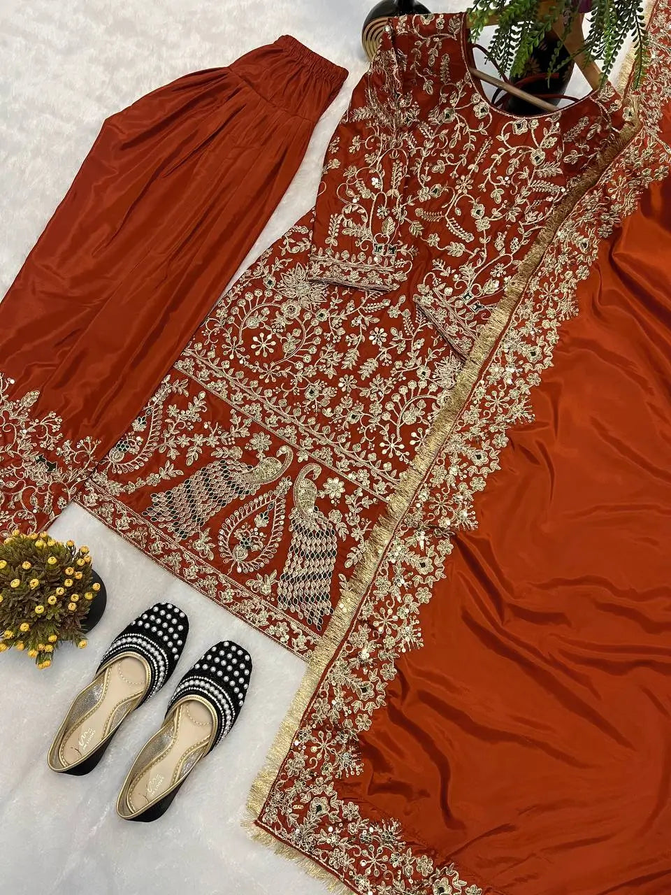 Rust Orange Natural Crepe Silk Punjabi Suit Set with Peacock Embroidery, Sequins Work & Farshi Salwar