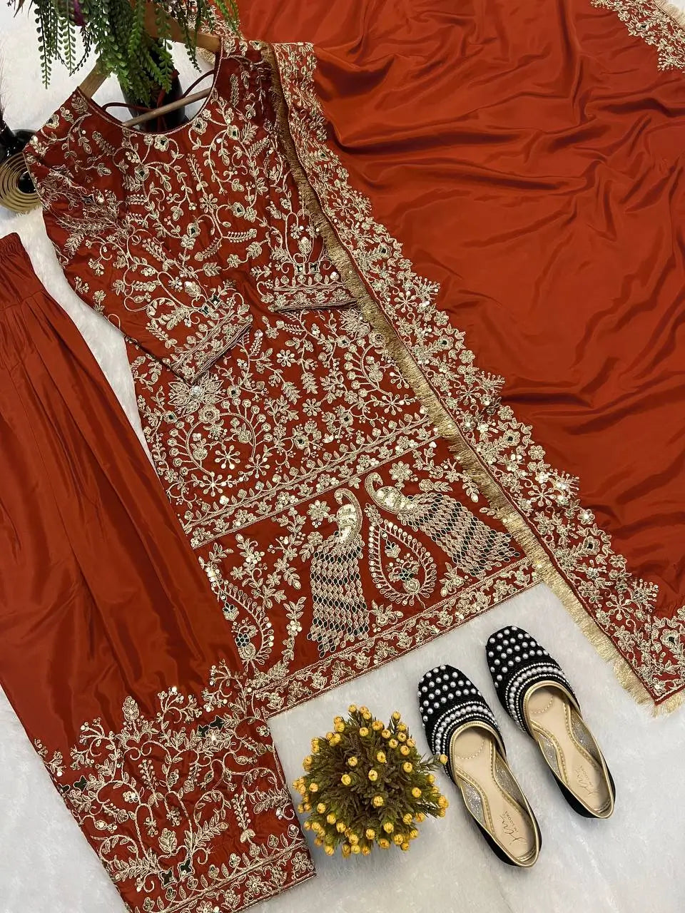 Rust Orange Natural Crepe Silk Punjabi Suit Set with Peacock Embroidery, Sequins Work & Farshi Salwar