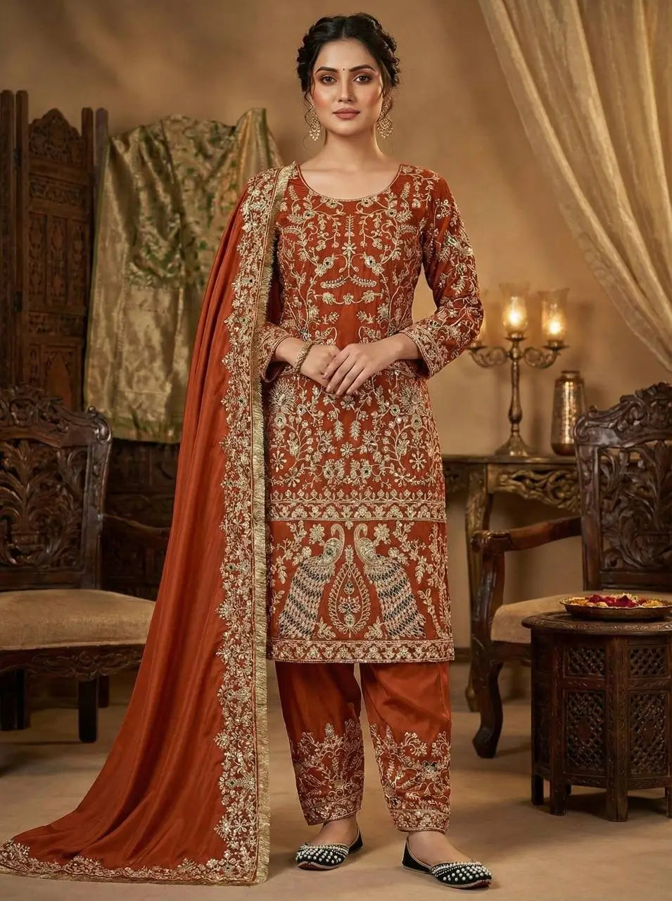 Rust Orange Natural Crepe Silk Punjabi Suit Set with Peacock Embroidery, Sequins Work & Farshi Salwar