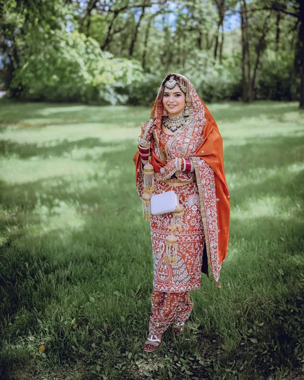 Rust Orange Natural Crepe Silk Punjabi Suit Set with Peacock Embroidery, Sequins Work & Farshi Salwar