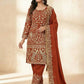 Rust Orange Natural Crepe Silk Punjabi Suit Set with Peacock Embroidery, Sequins Work & Farshi Salwar