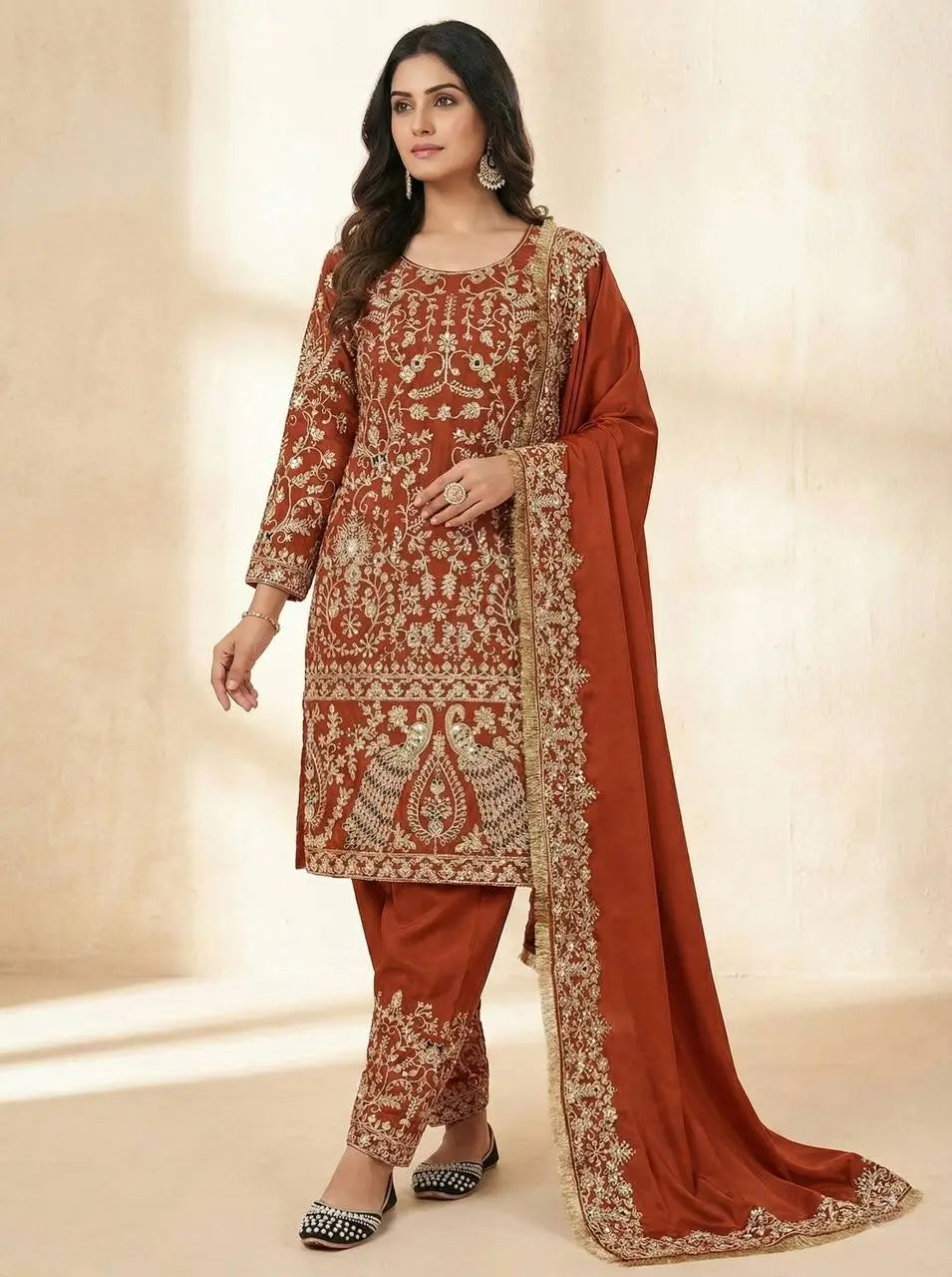 Rust Orange Natural Crepe Silk Punjabi Suit Set with Peacock Embroidery, Sequins Work & Farshi Salwar