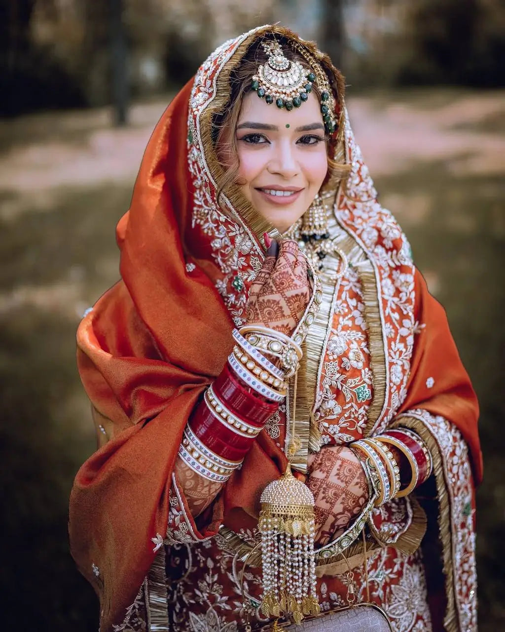 Rust Orange Natural Crepe Silk Punjabi Suit Set with Peacock Embroidery, Sequins Work & Farshi Salwar
