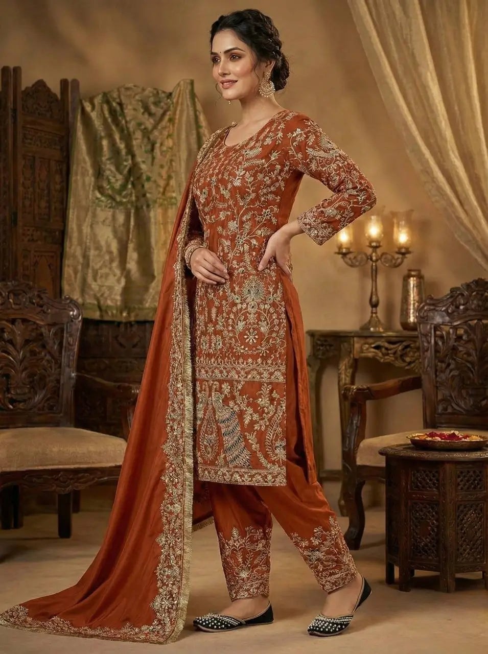 Rust Orange Natural Crepe Silk Punjabi Suit Set with Peacock Embroidery, Sequins Work & Farshi Salwar