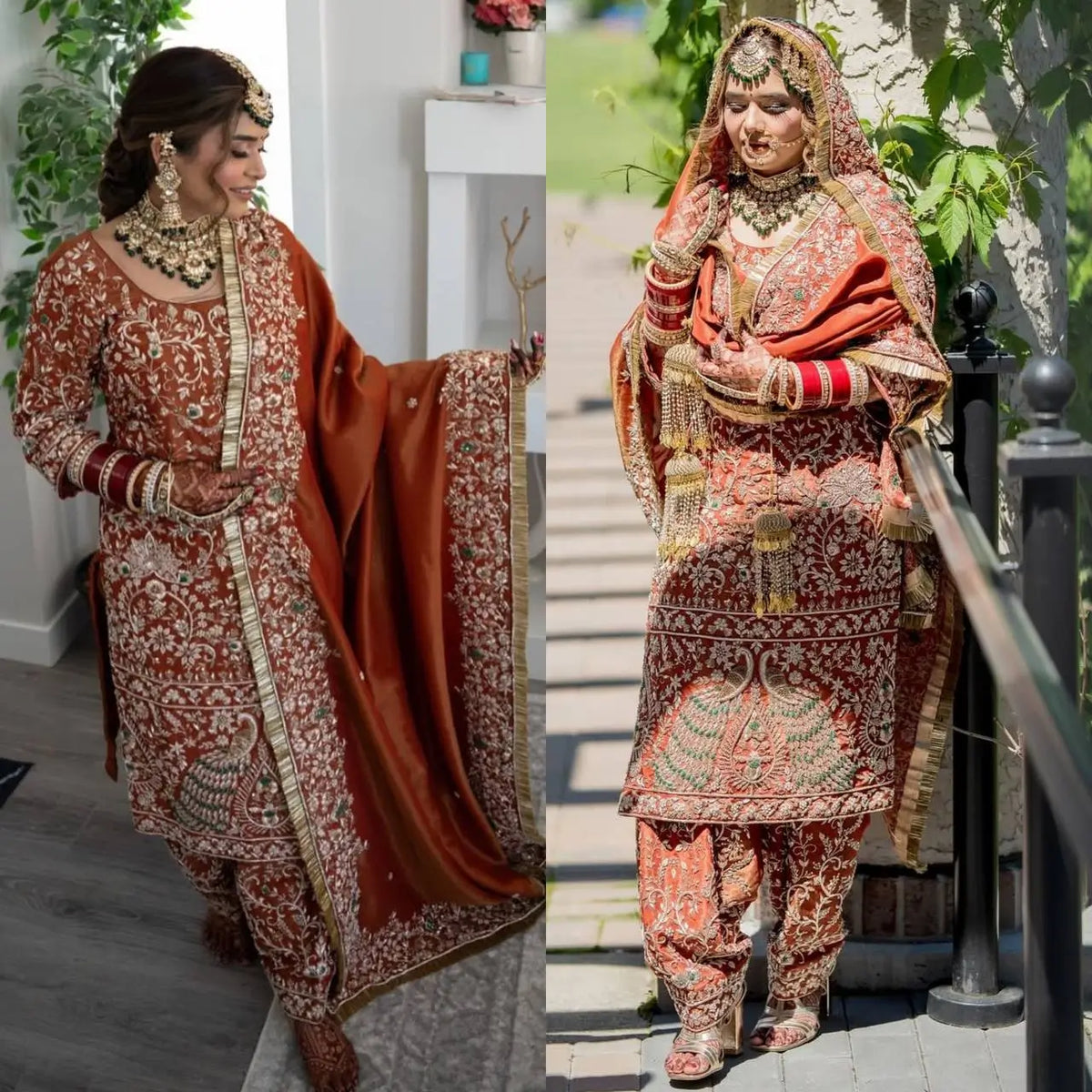 Rust Orange Natural Crepe Silk Punjabi Suit Set with Peacock Embroidery, Sequins Work & Farshi Salwar