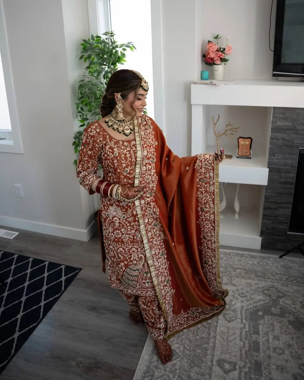 Rust Orange Natural Crepe Silk Punjabi Suit Set with Peacock Embroidery, Sequins Work & Farshi Salwar