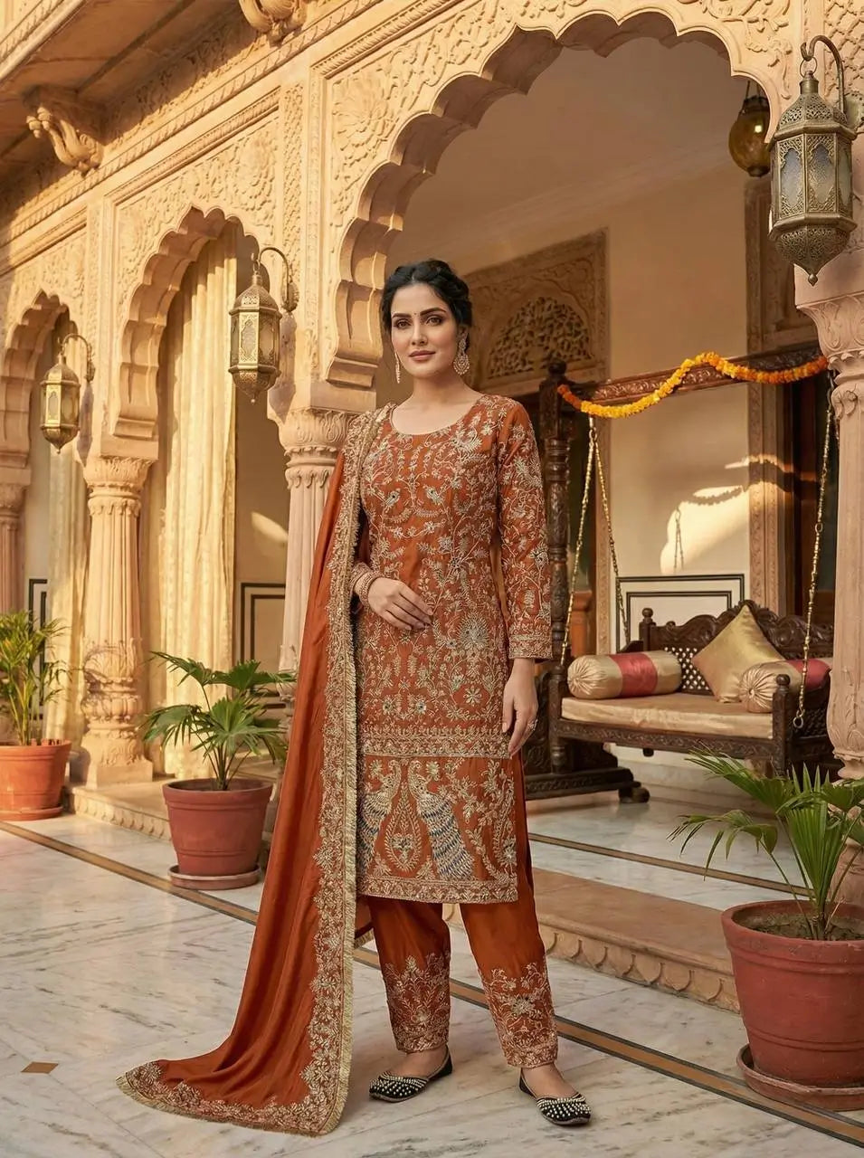 Rust Orange Natural Crepe Silk Punjabi Suit Set with Peacock Embroidery, Sequins Work & Farshi Salwar