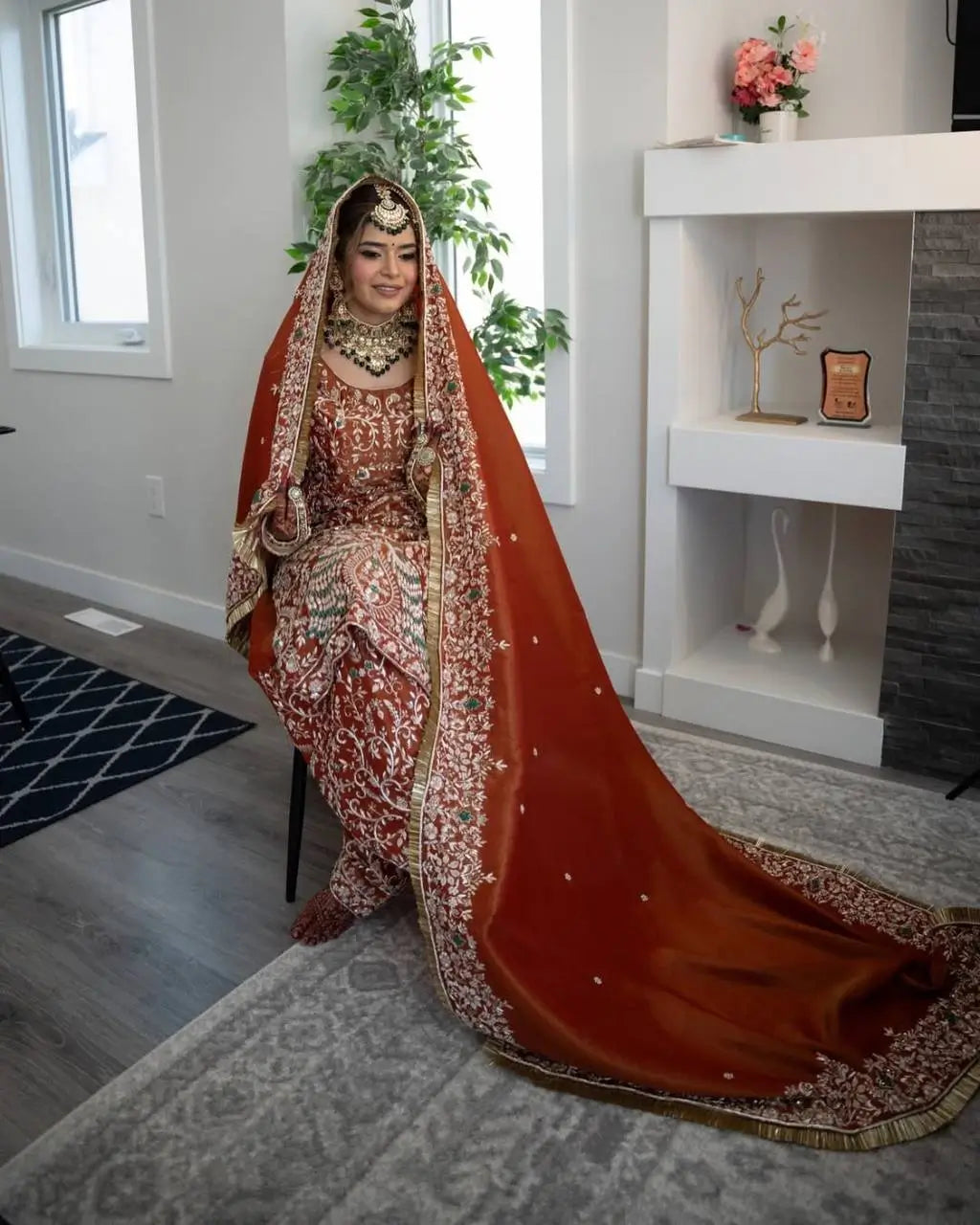 Rust Orange Natural Crepe Silk Punjabi Suit Set with Peacock Embroidery, Sequins Work & Farshi Salwar