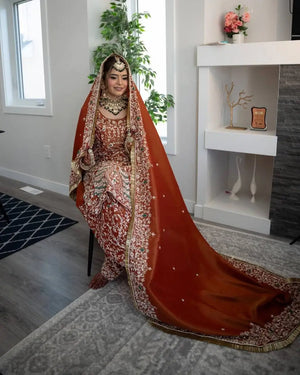Rust Orange Natural Crepe Silk Punjabi Suit Set with Peacock Embroidery, Sequins Work & Farshi Salwar