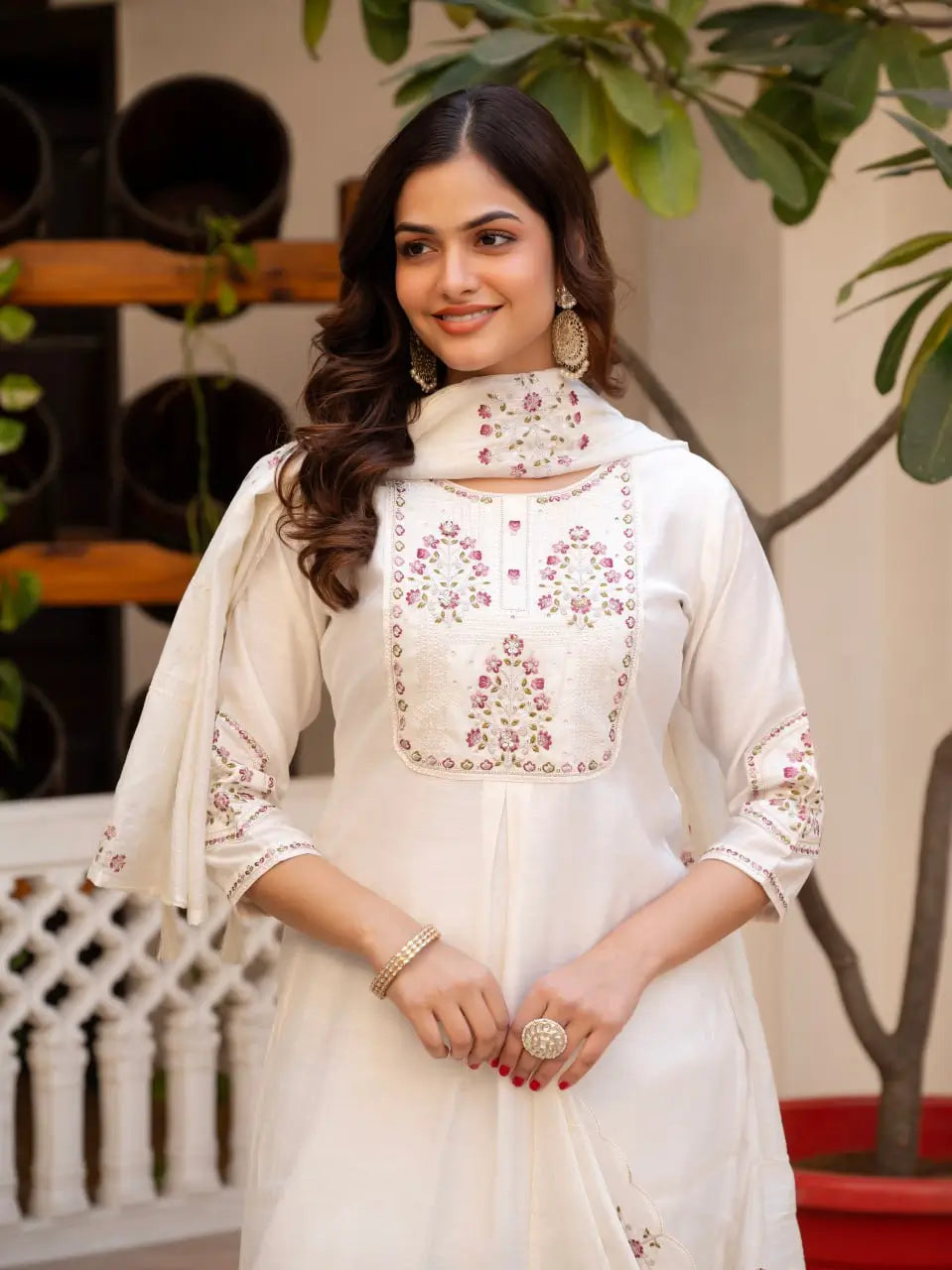 Rust Orange Pure Viscose Mango Silk Embroidered Kurti Pant Set with Sequins Dupatta | Festive & Party Wear