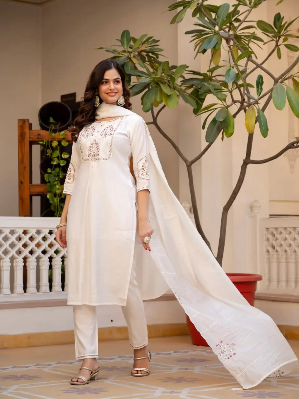 Rust Orange Pure Viscose Mango Silk Embroidered Kurti Pant Set with Sequins Dupatta | Festive & Party Wear