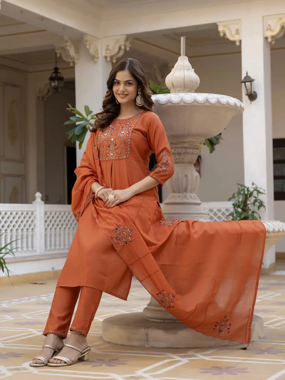 Rust Orange Pure Viscose Mango Silk Embroidered Kurti Pant Set with Sequins Dupatta | Festive & Party Wear