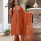 Rust Orange Pure Viscose Mango Silk Embroidered Kurti Pant Set with Sequins Dupatta | Festive & Party Wear