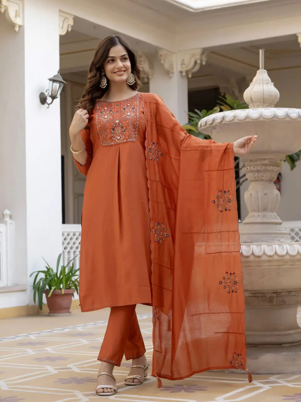 Rust Orange Pure Viscose Mango Silk Embroidered Kurti Pant Set with Sequins Dupatta | Festive & Party Wear