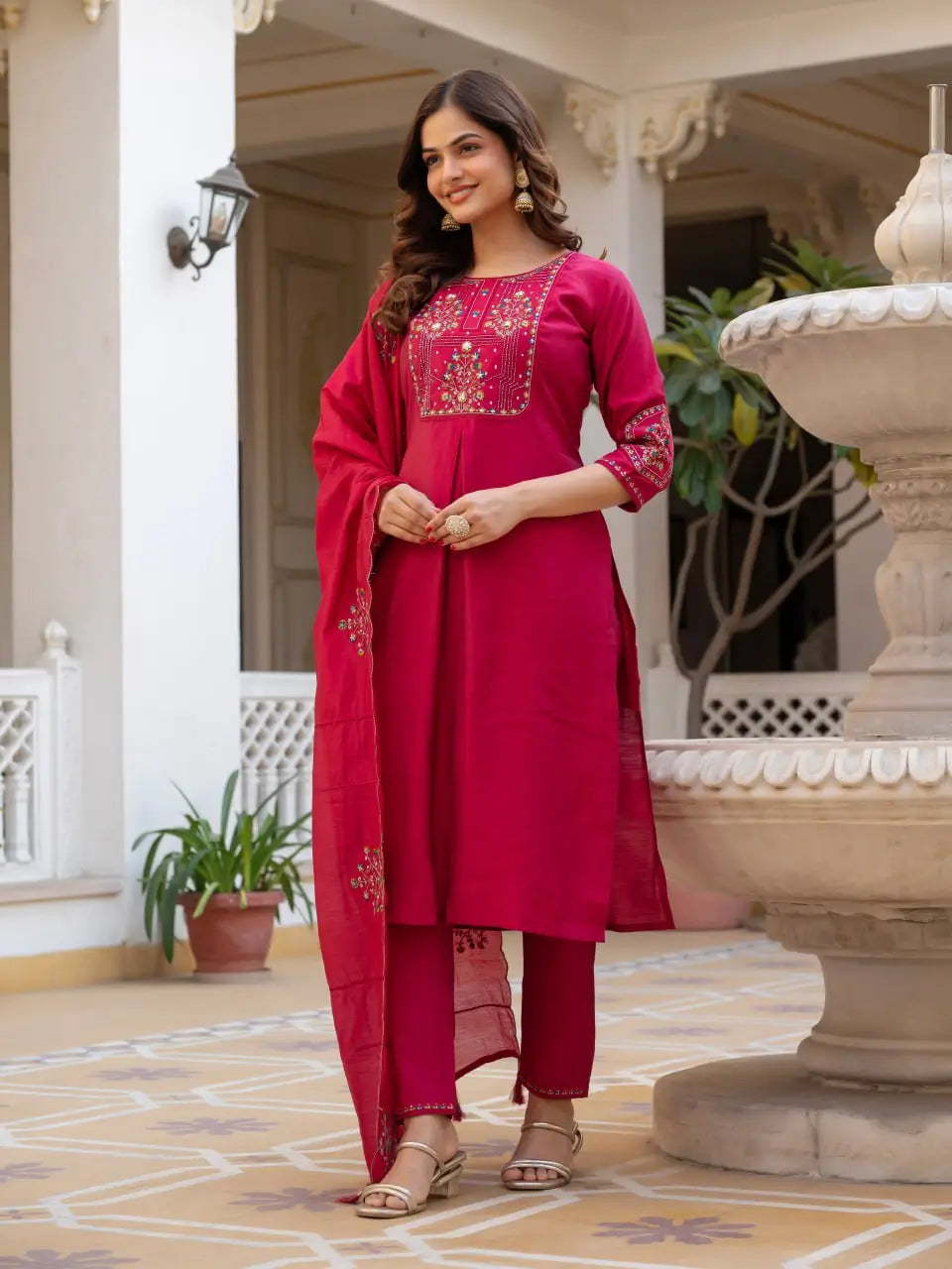 Rust Orange Pure Viscose Mango Silk Embroidered Kurti Pant Set with Sequins Dupatta | Festive & Party Wear