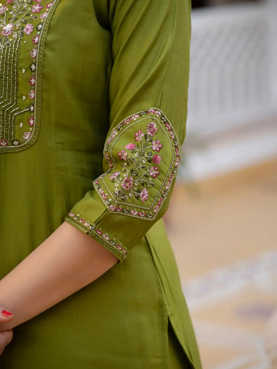 Rust Orange Pure Viscose Mango Silk Embroidered Kurti Pant Set with Sequins Dupatta | Festive & Party Wear