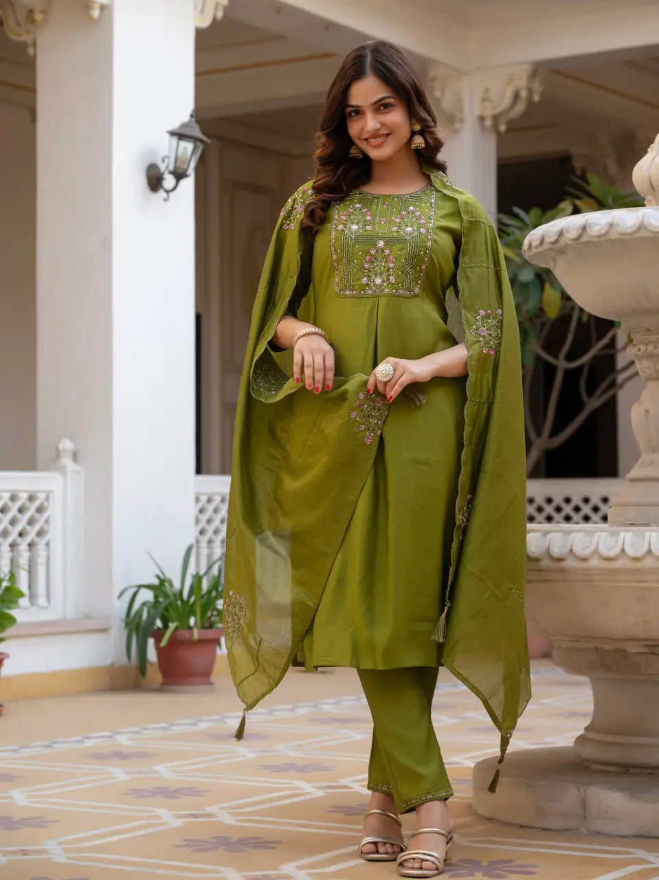 Rust Orange Pure Viscose Mango Silk Embroidered Kurti Pant Set with Sequins Dupatta | Festive & Party Wear