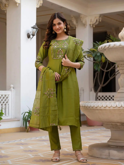 Rust Orange Pure Viscose Mango Silk Embroidered Kurti Pant Set with Sequins Dupatta | Festive & Party Wear