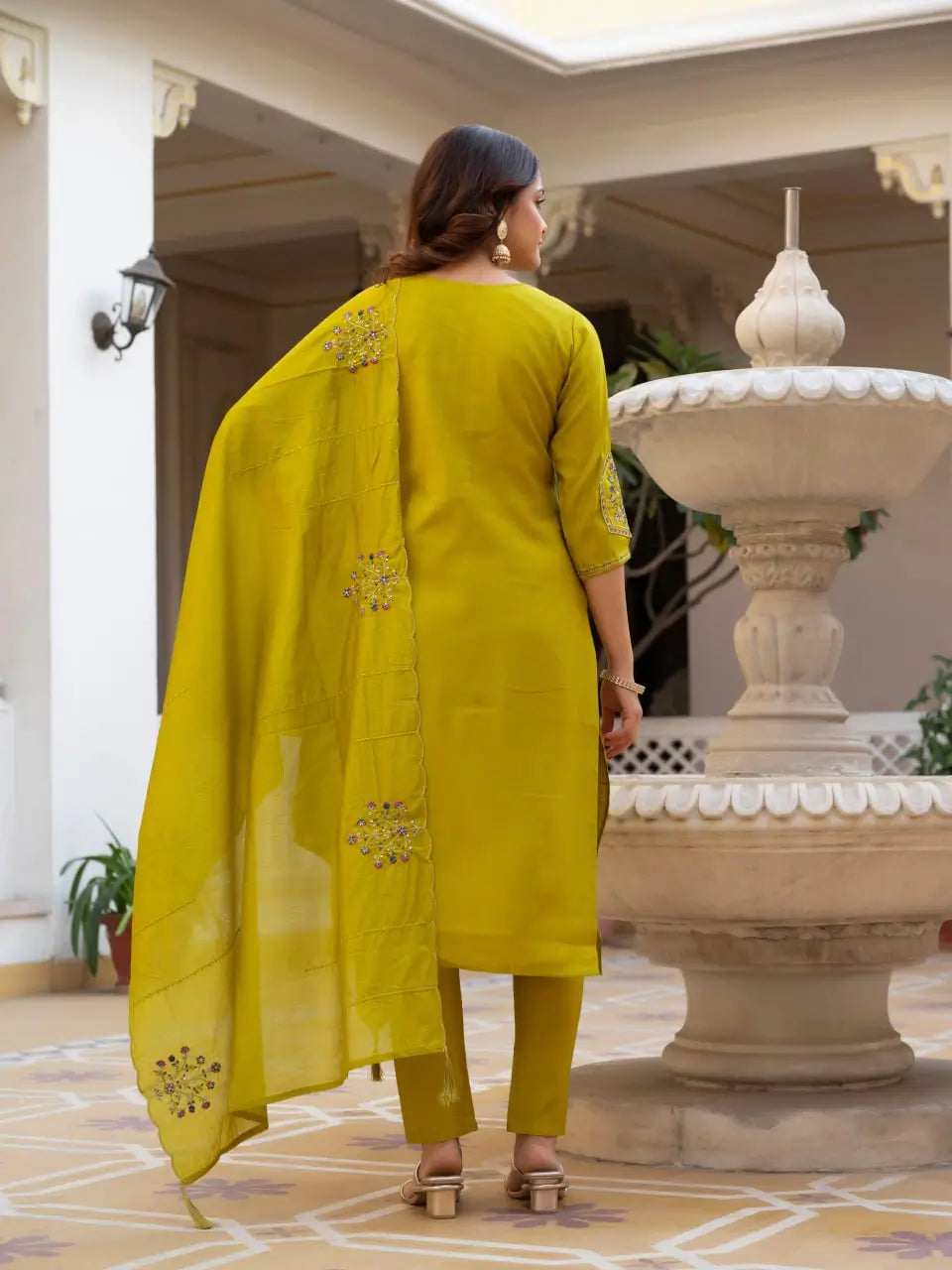 Rust Orange Pure Viscose Mango Silk Embroidered Kurti Pant Set with Sequins Dupatta | Festive & Party Wear