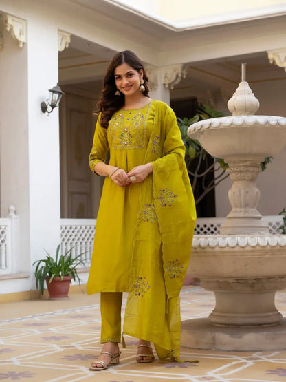 Rust Orange Pure Viscose Mango Silk Embroidered Kurti Pant Set with Sequins Dupatta | Festive & Party Wear