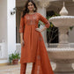 Rust Orange Pure Viscose Mango Silk Embroidered Kurti Pant Set with Sequins Dupatta | Festive & Party Wear
