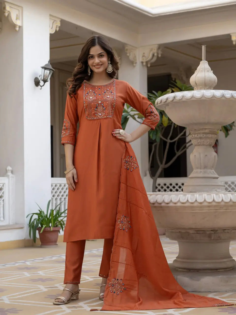 Rust Orange Pure Viscose Mango Silk Embroidered Kurti Pant Set with Sequins Dupatta | Festive & Party Wear