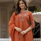 Rust Orange Pure Viscose Mango Silk Embroidered Kurti Pant Set with Sequins Dupatta | Festive & Party Wear