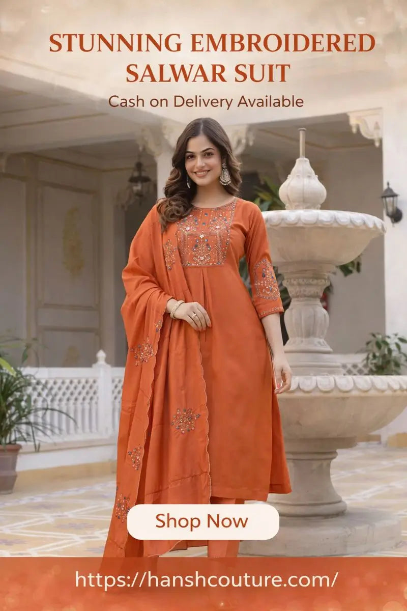 Rust Orange Pure Viscose Mango Silk Embroidered Kurti Pant Set with Sequins Dupatta | Festive & Party Wear