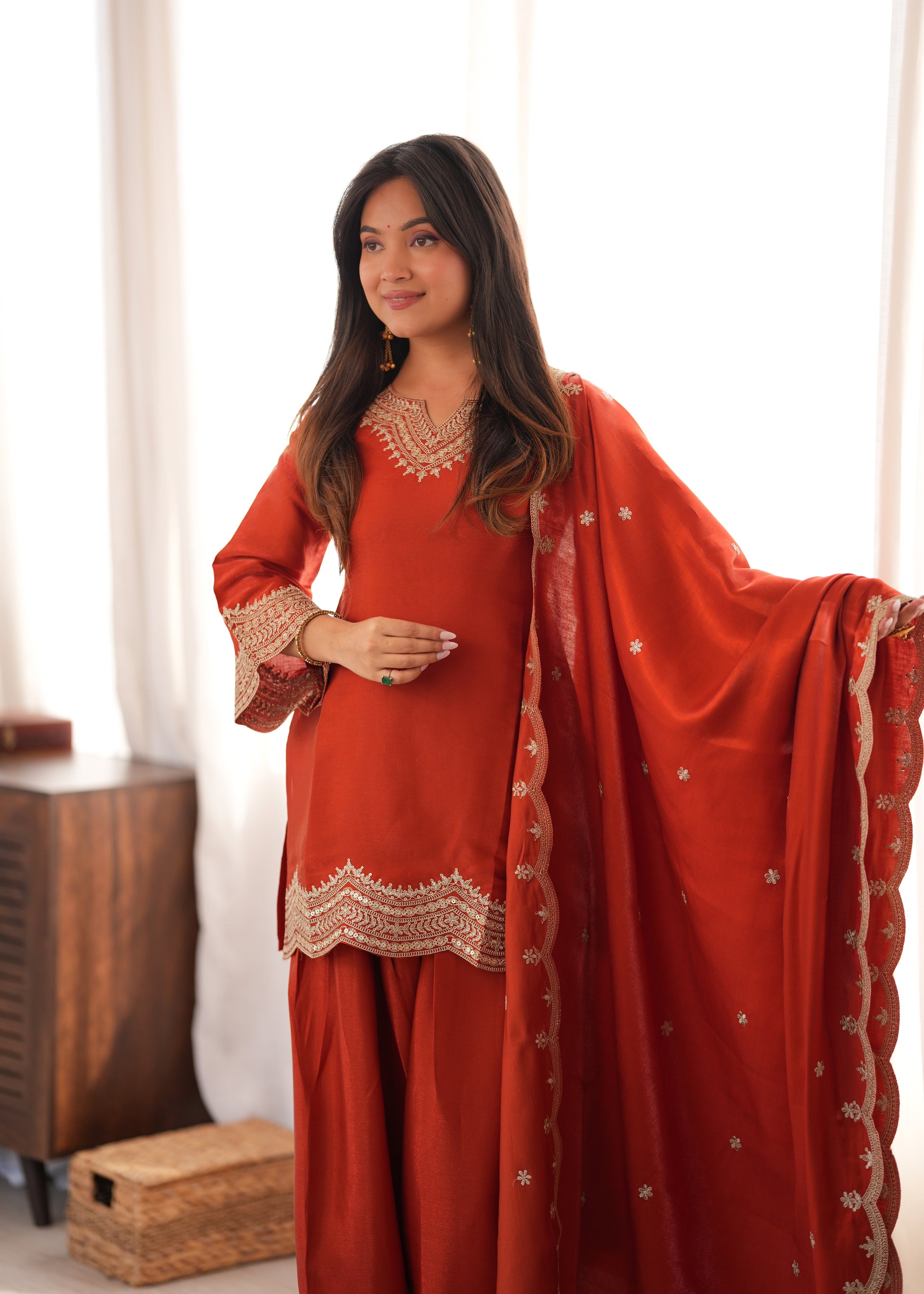 Rust Orange Silk Kurta Farshi Salwar Set