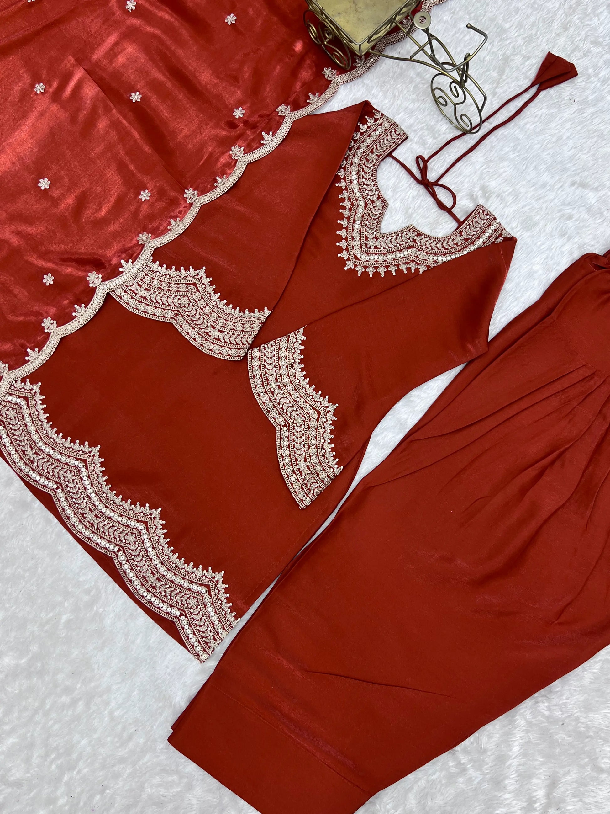 Rust Orange Silk Kurta Farshi Salwar Set