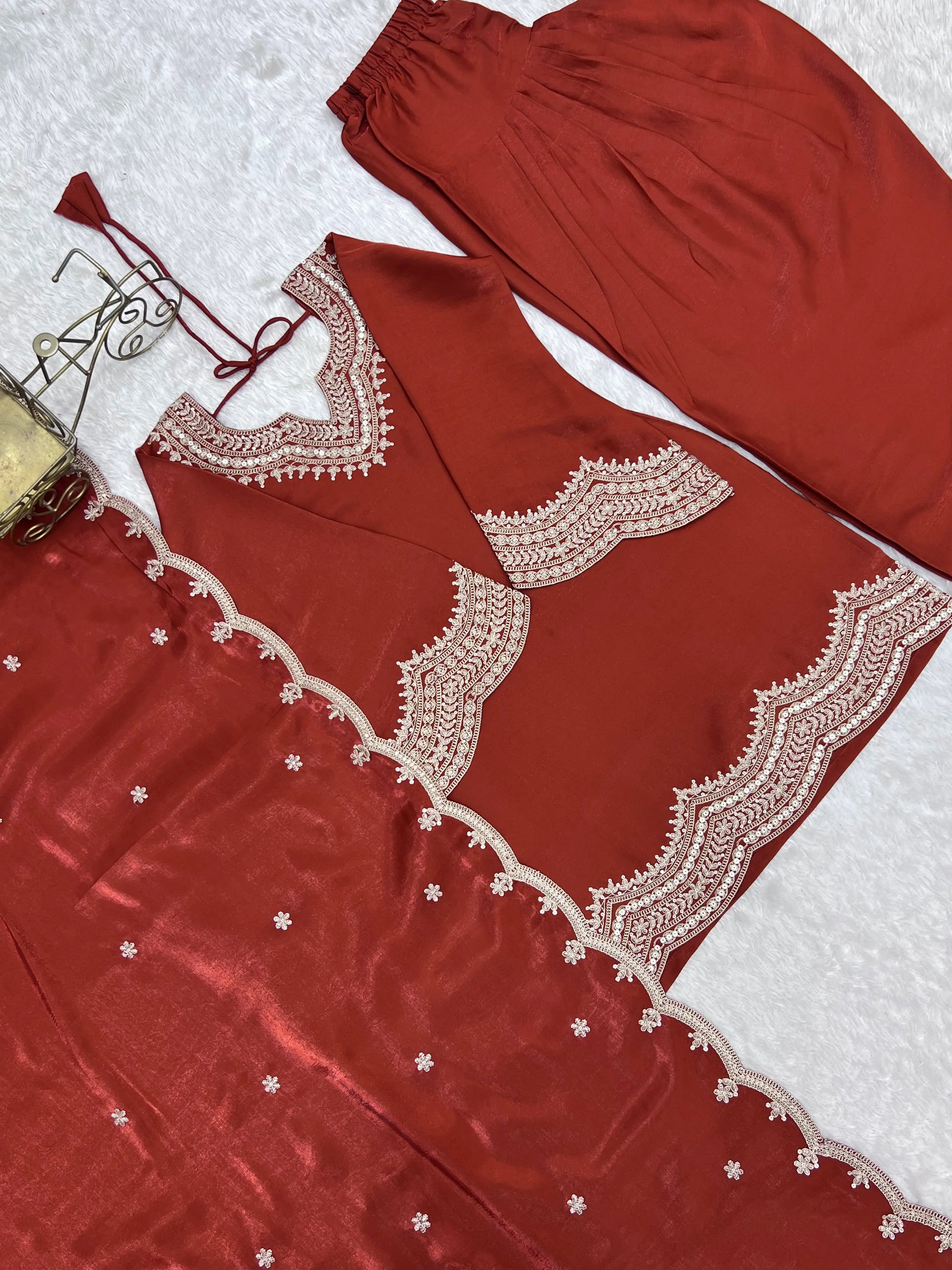 Rust Orange Silk Kurta Farshi Salwar Set