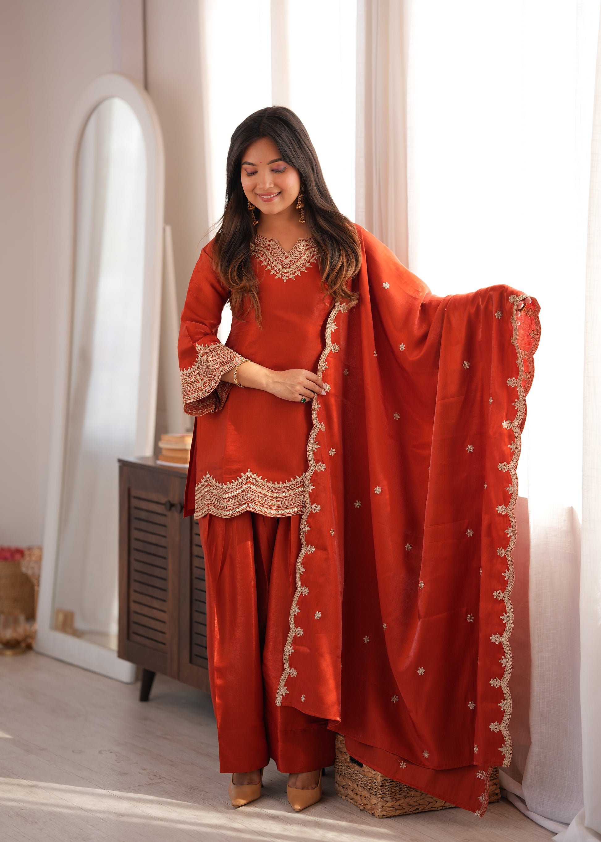 Rust Orange Silk Kurta Farshi Salwar Set