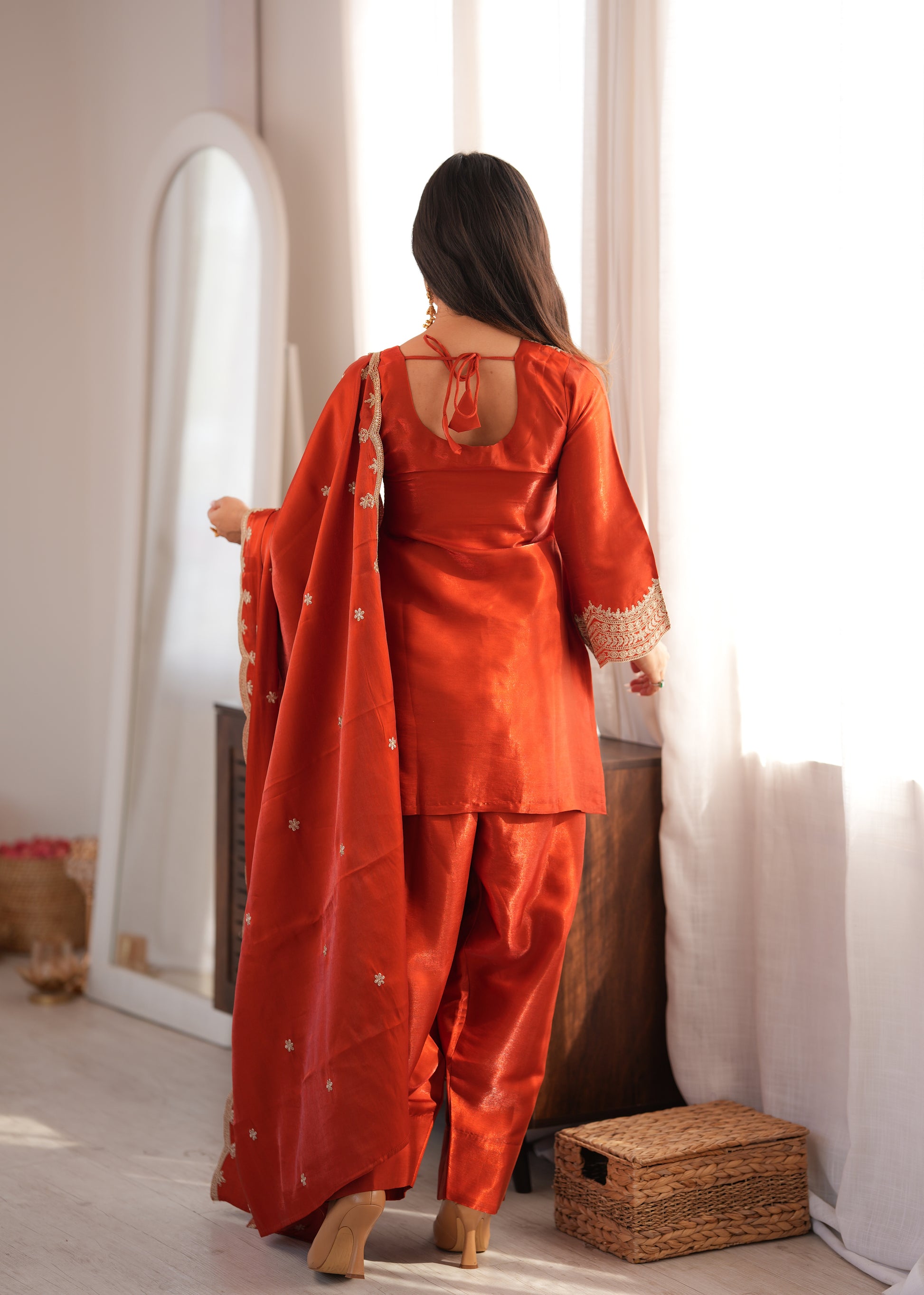 Rust Orange Silk Kurta Farshi Salwar Set