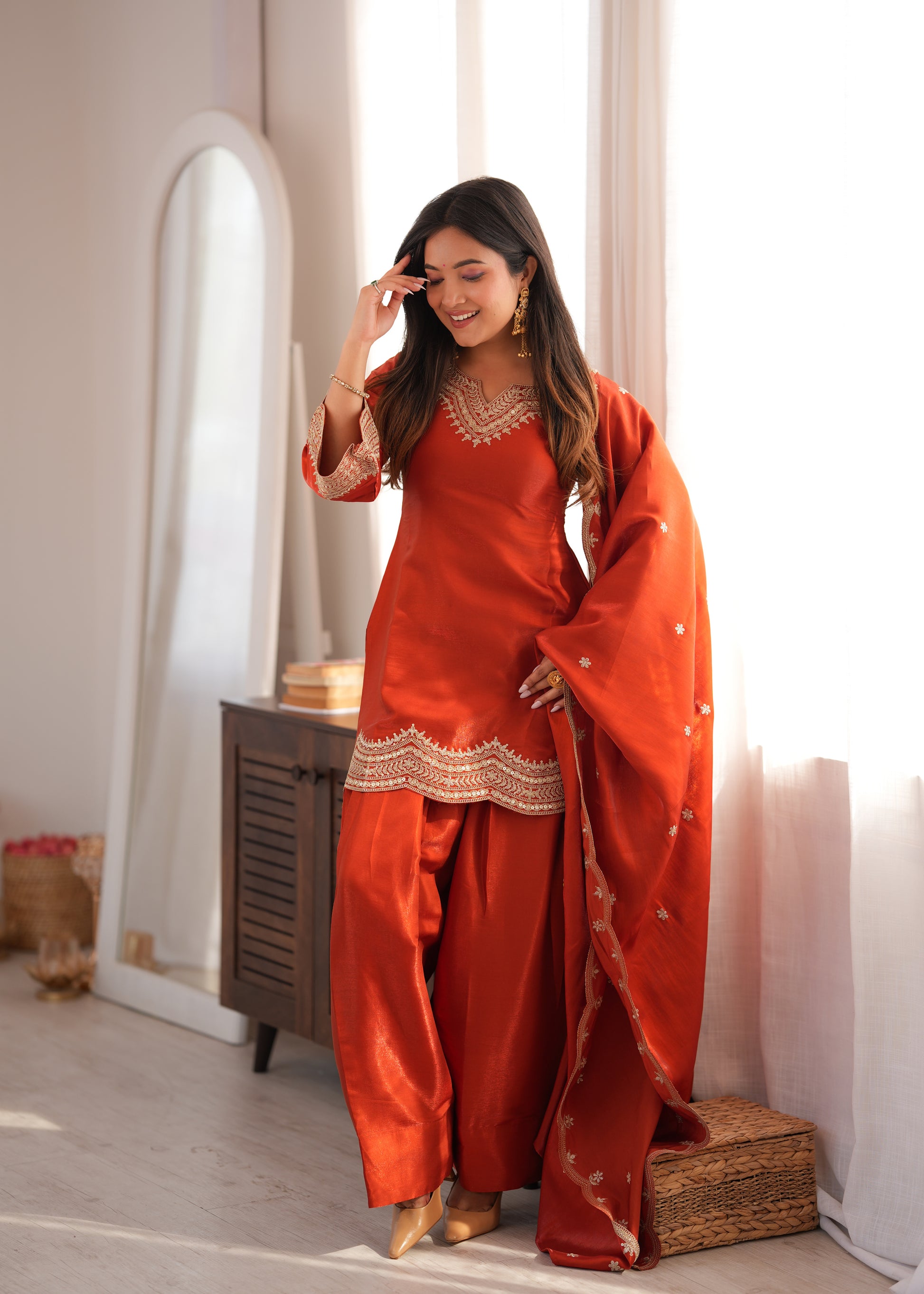 Rust Orange Silk Kurta Farshi Salwar Set