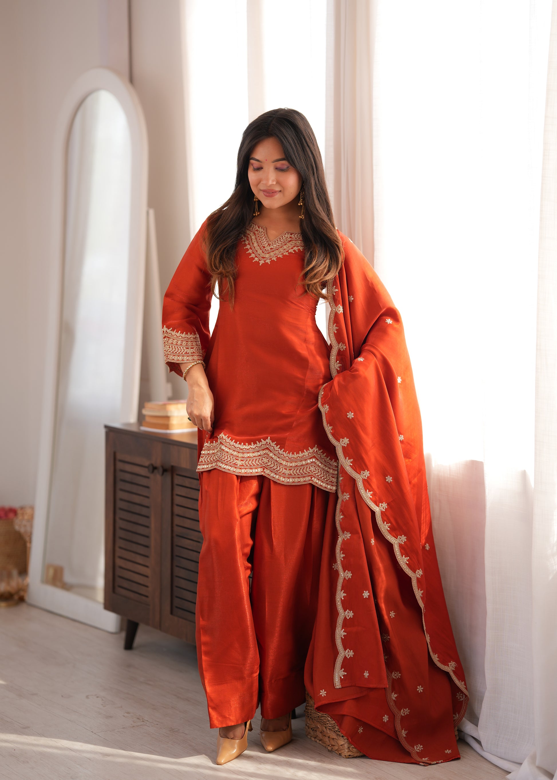 Rust Orange Silk Kurta Farshi Salwar Set