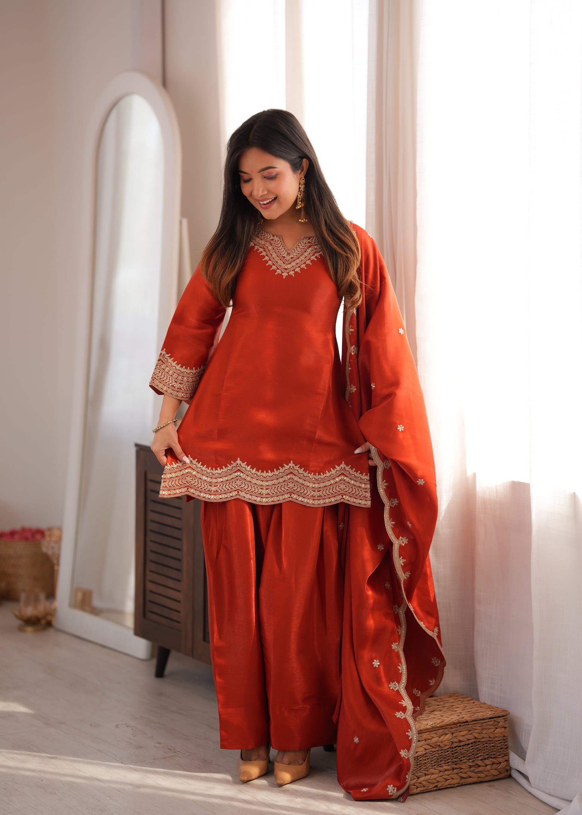 Rust Orange Silk Kurta Farshi Salwar Set