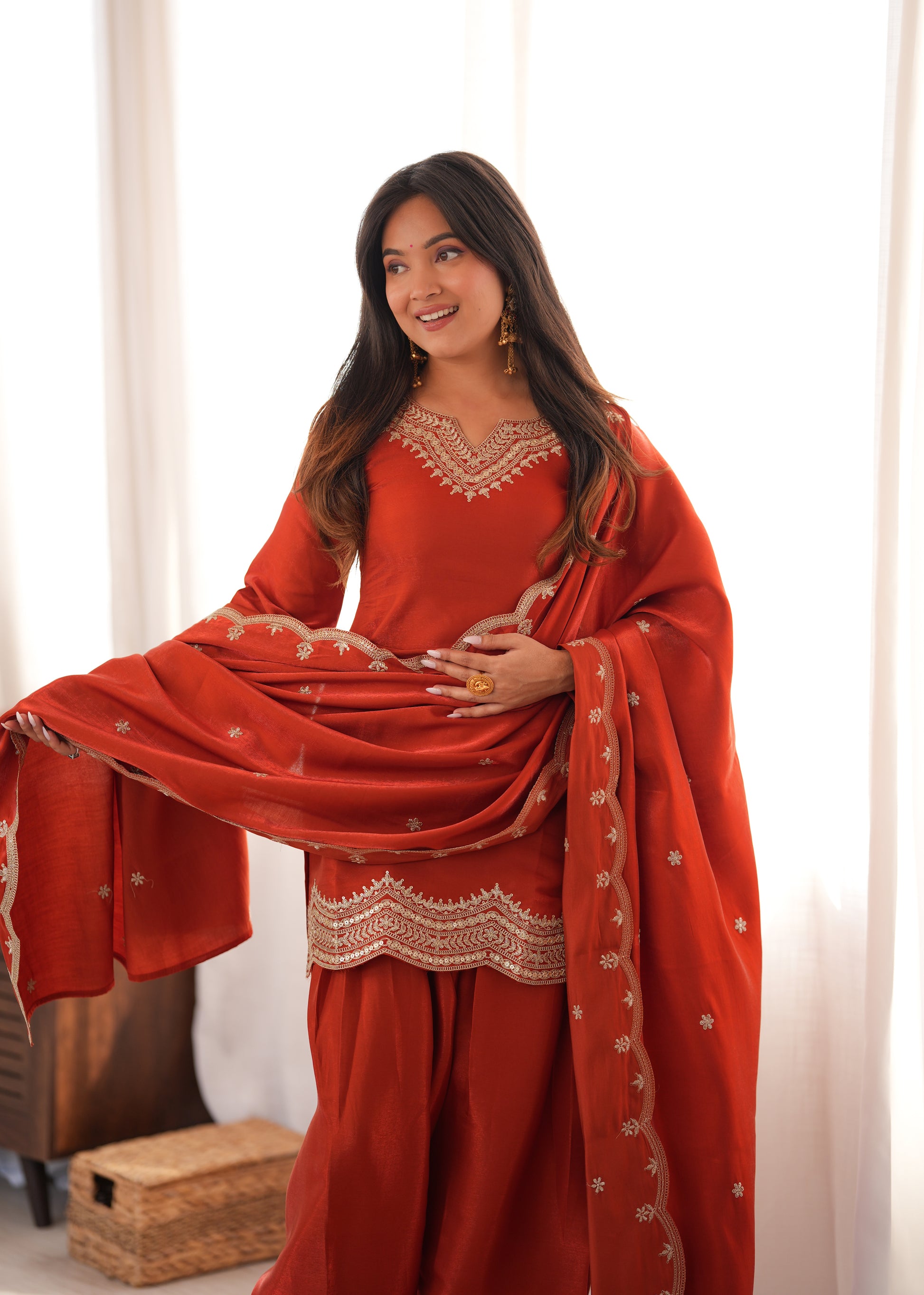 Rust Orange Silk Kurta Farshi Salwar Set