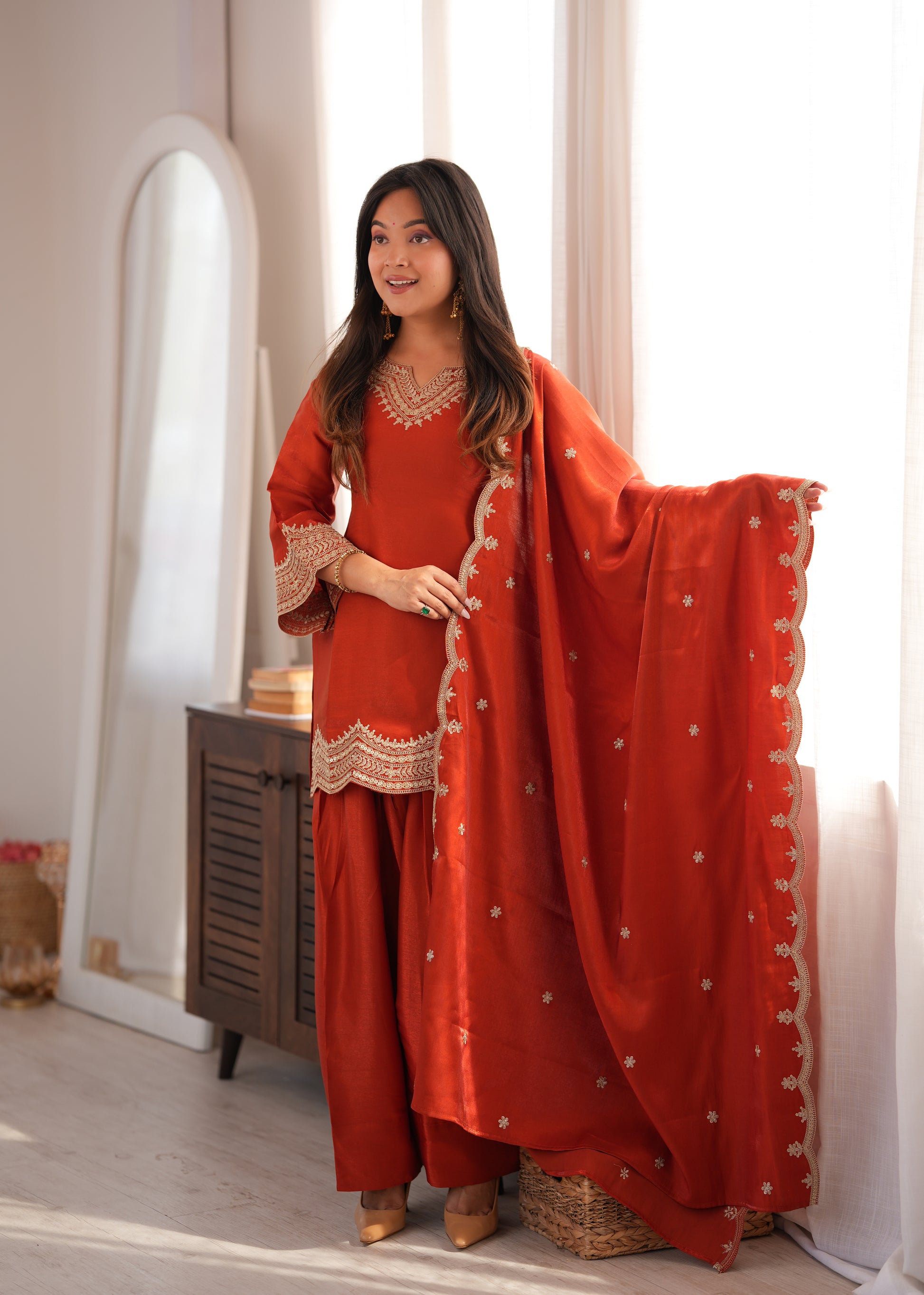 Rust Orange Silk Kurta Farshi Salwar Set