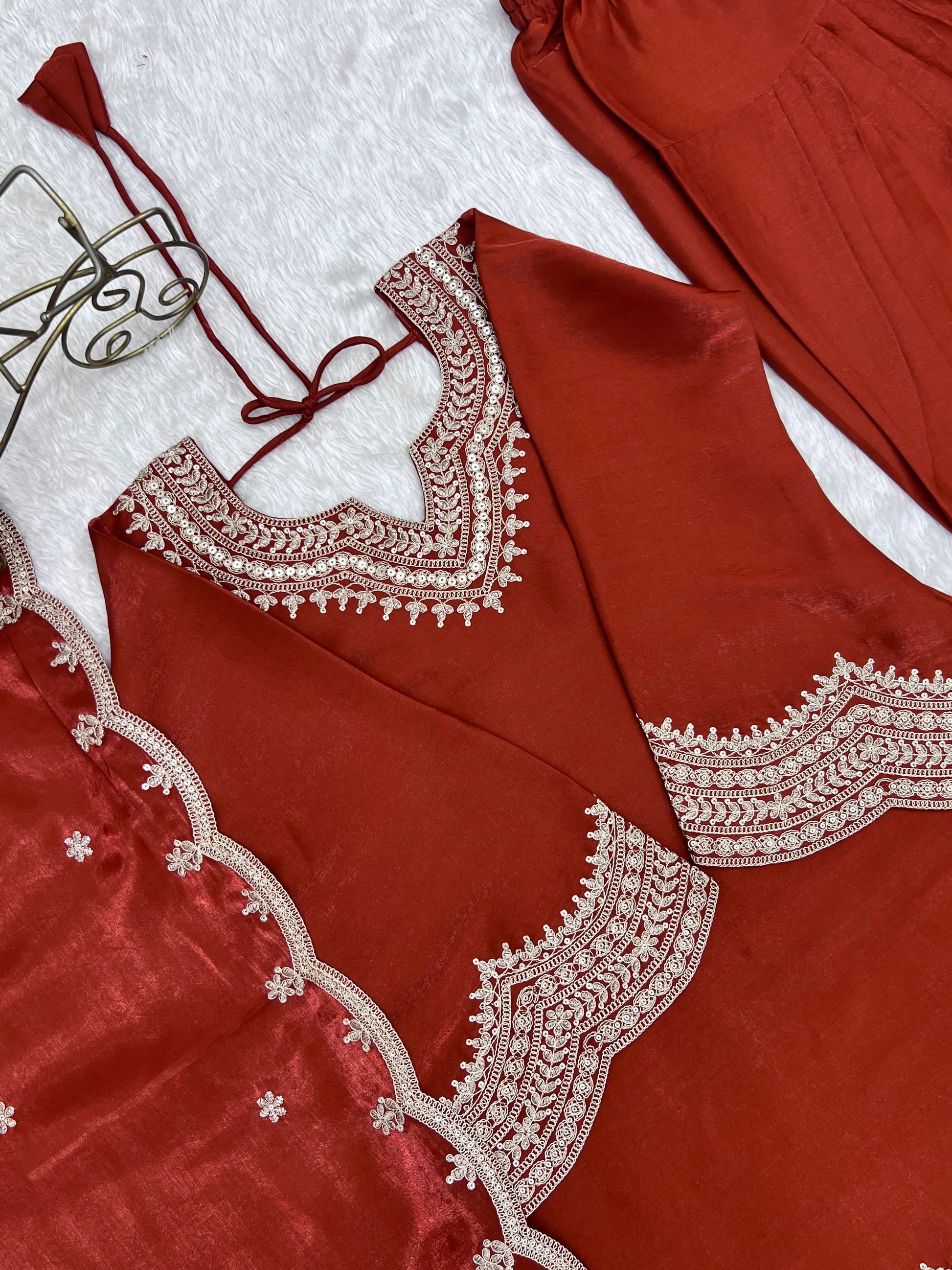 Rust Orange Silk Kurta Farshi Salwar Set