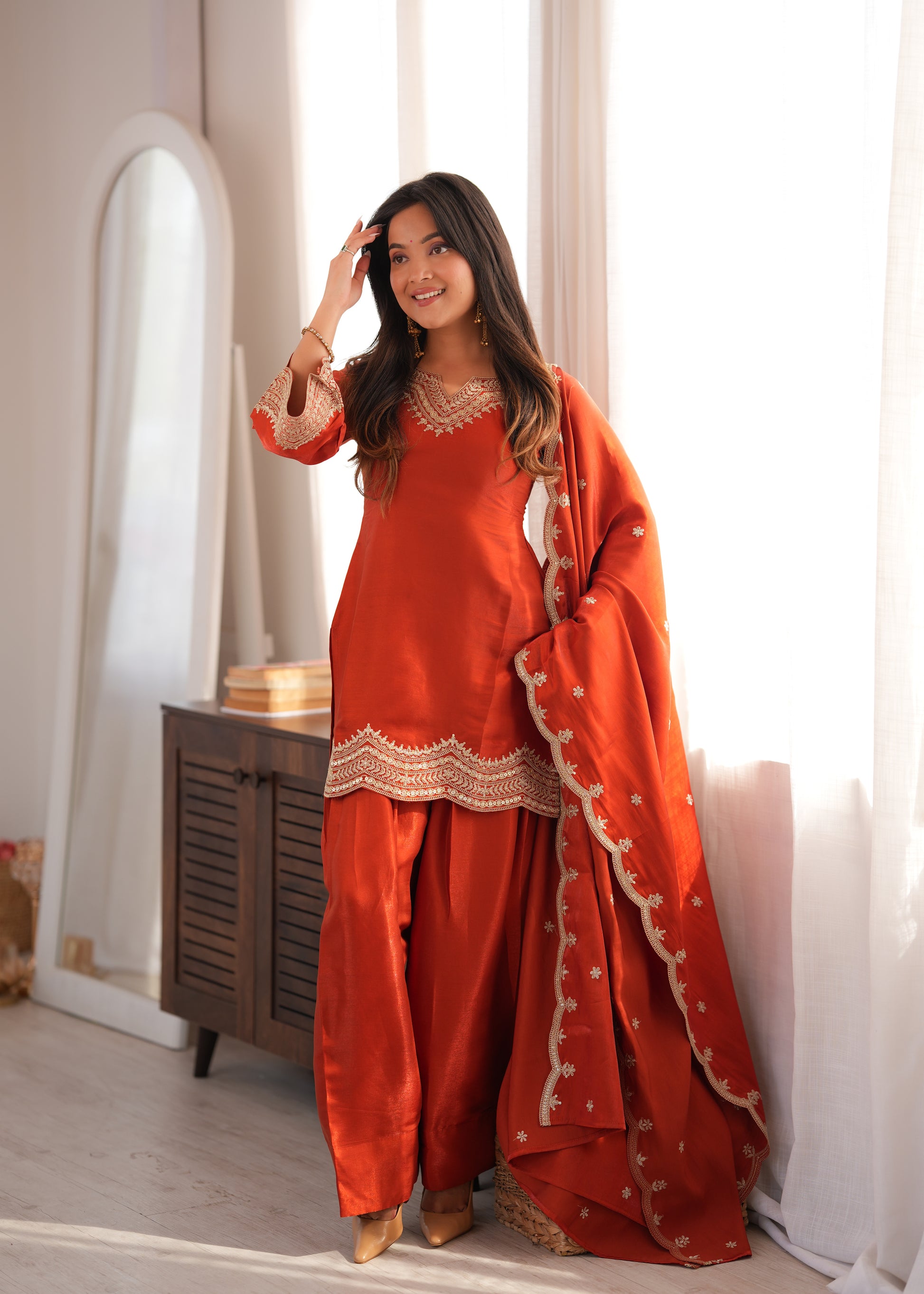 Rust Orange Silk Kurta Farshi Salwar Set