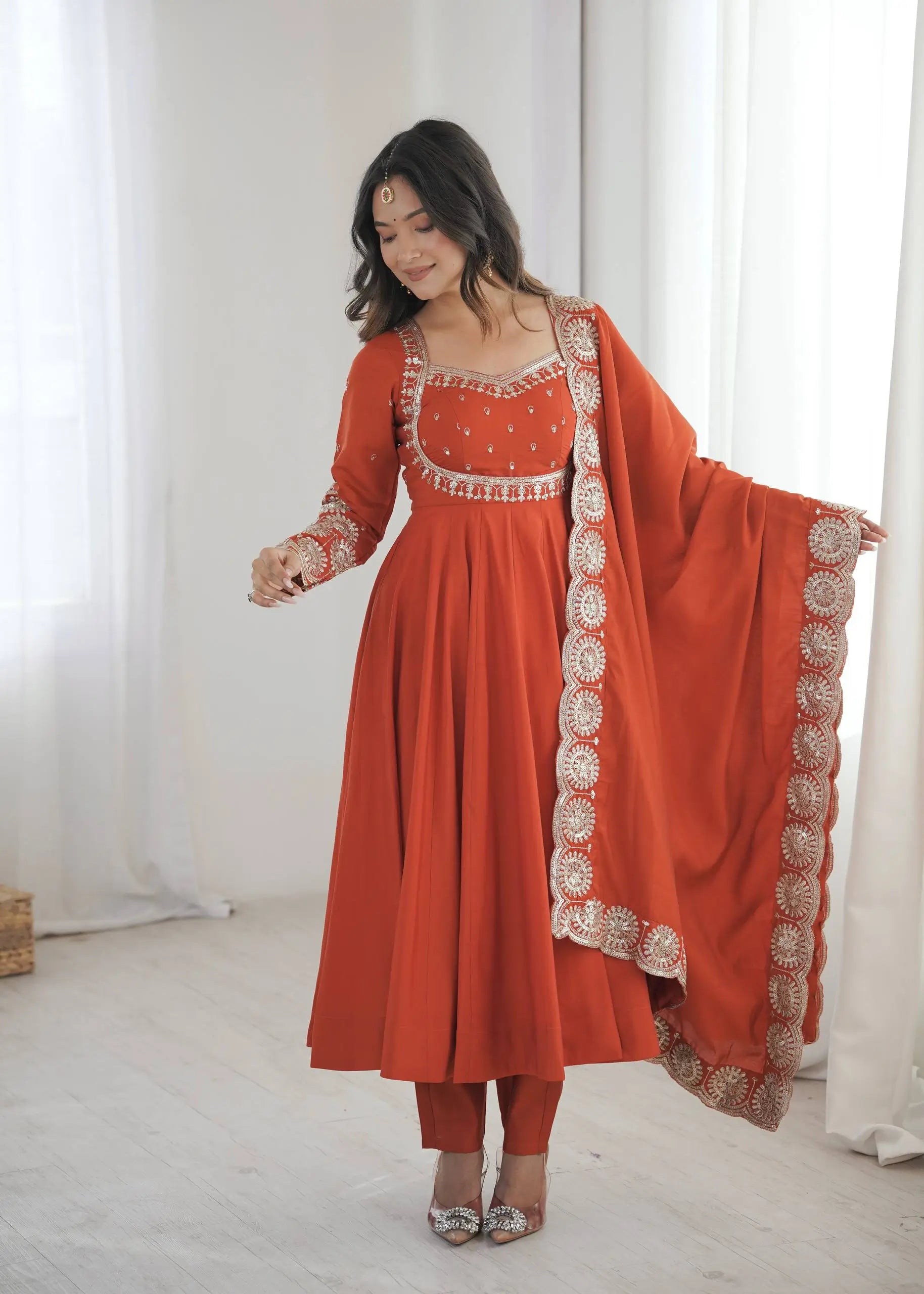 Rust Sequin Flared Gown