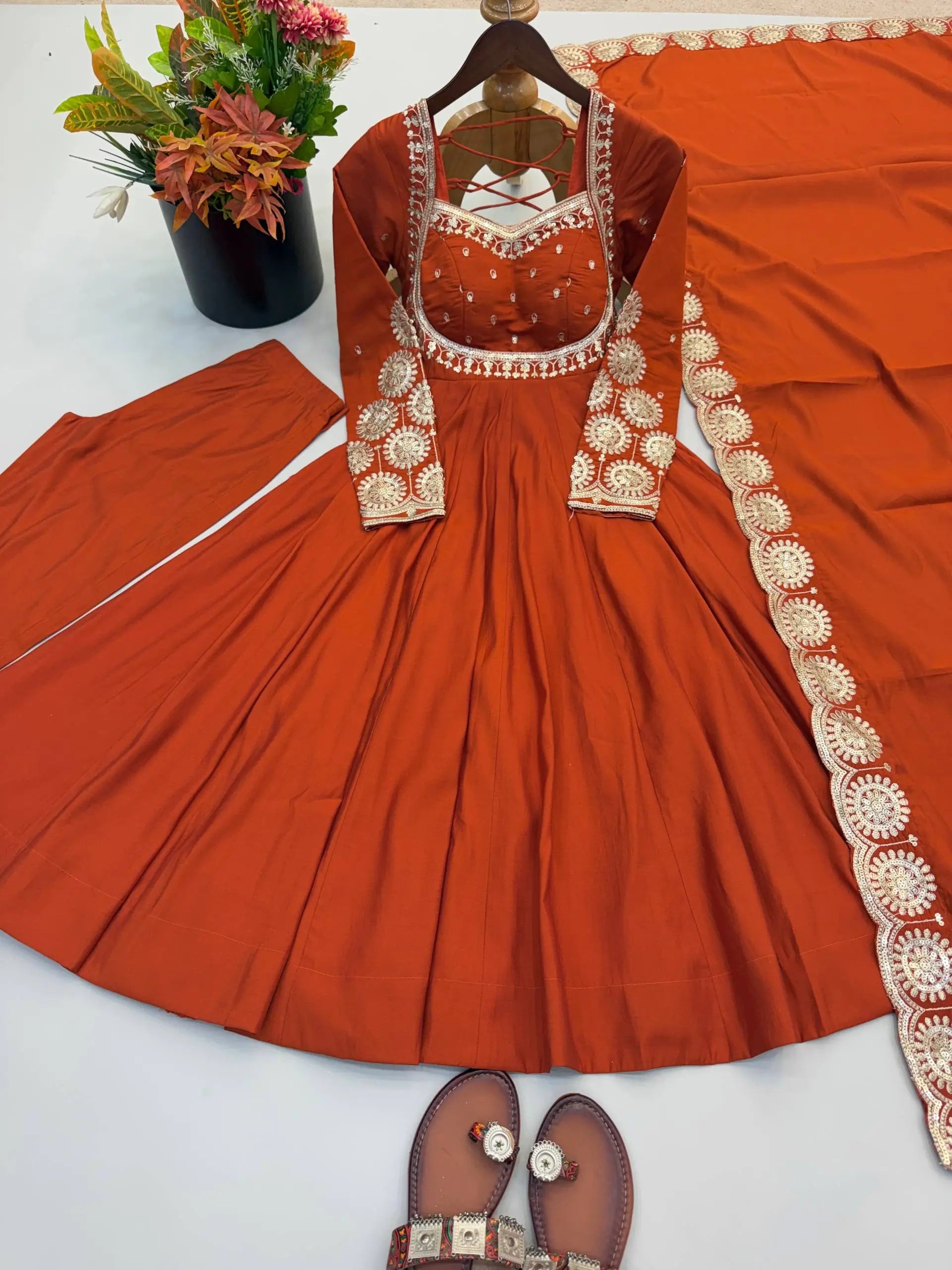 Rust Sequin Flared Gown