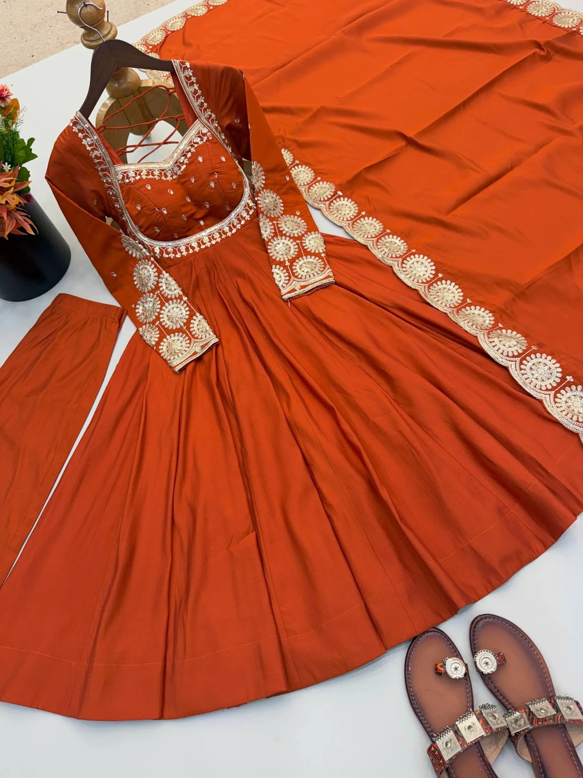 Rust Sequin Flared Gown