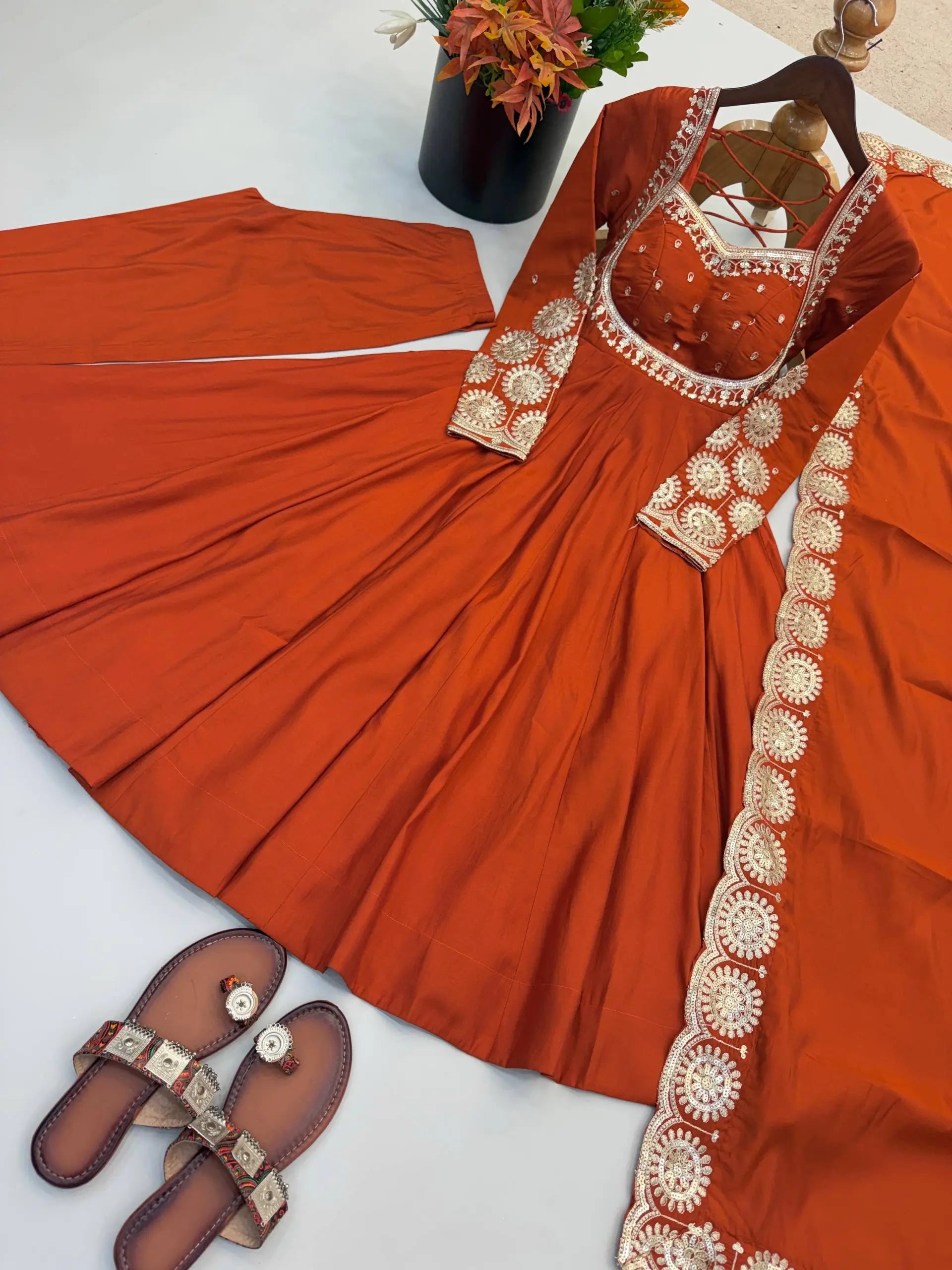 Rust Sequin Flared Gown