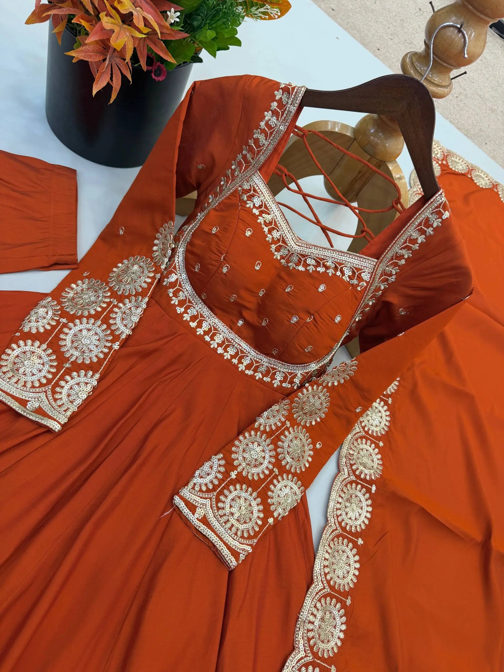 Rust Sequin Flared Gown