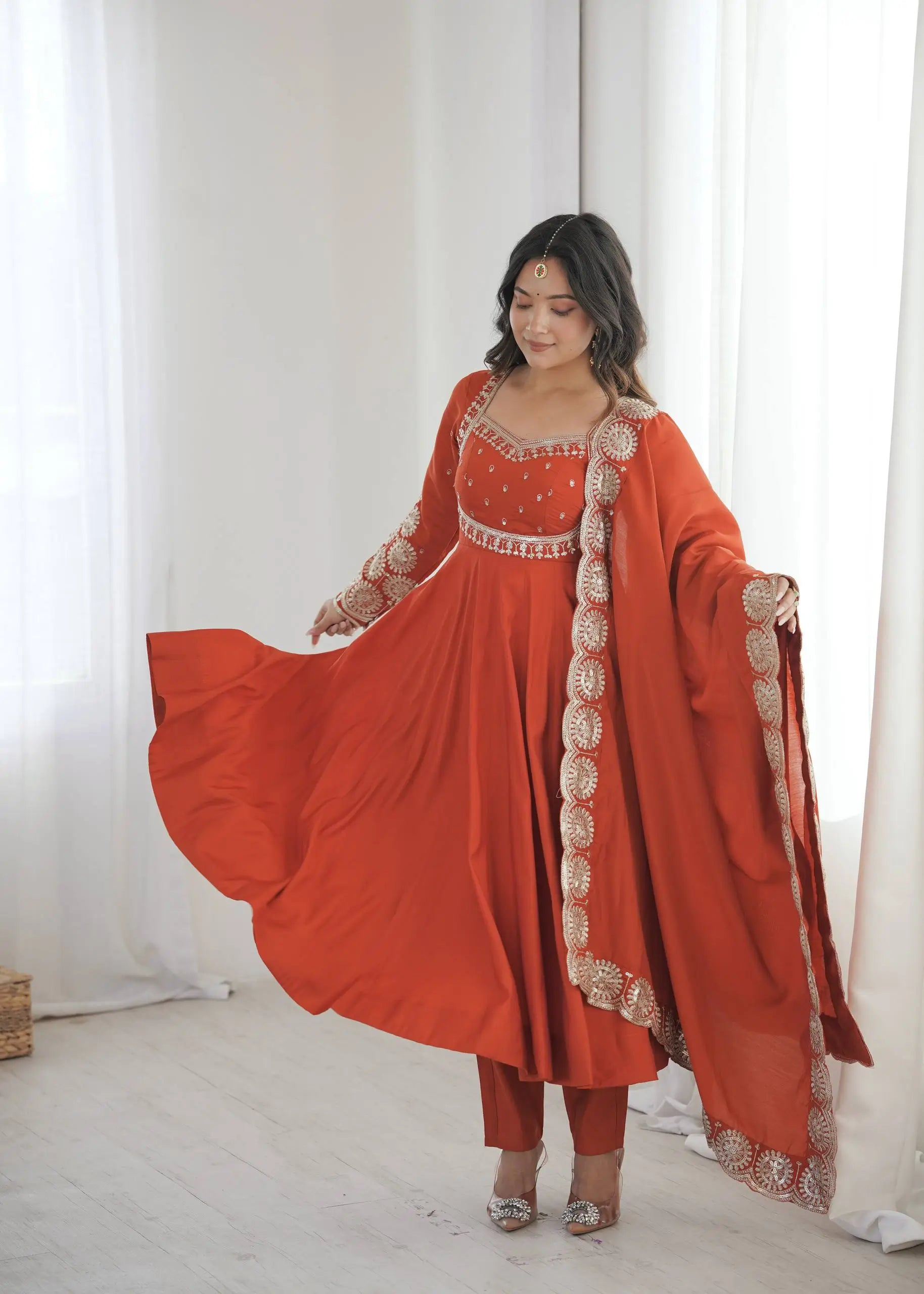 Rust Sequin Flared Gown