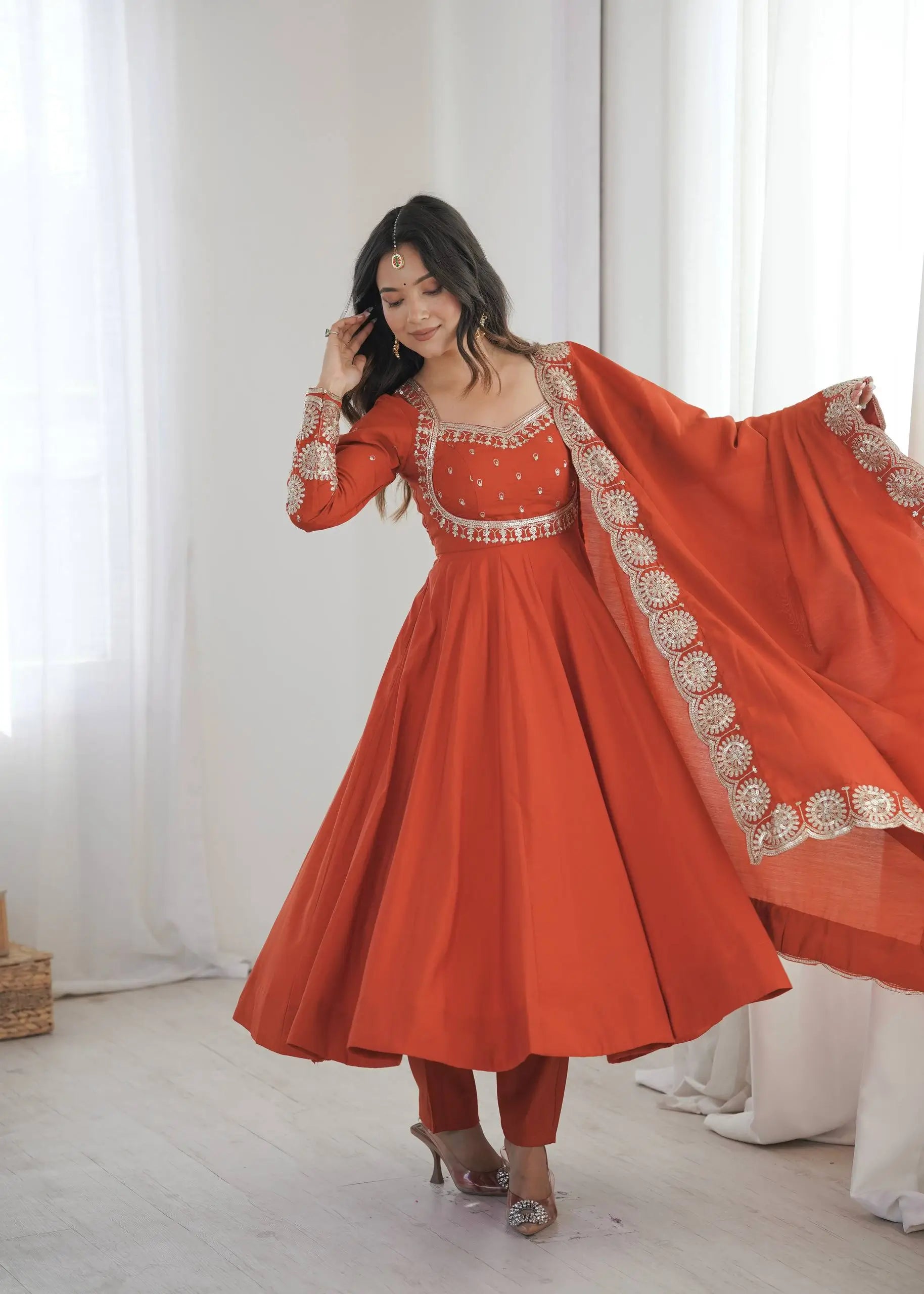 Rust Sequin Flared Gown