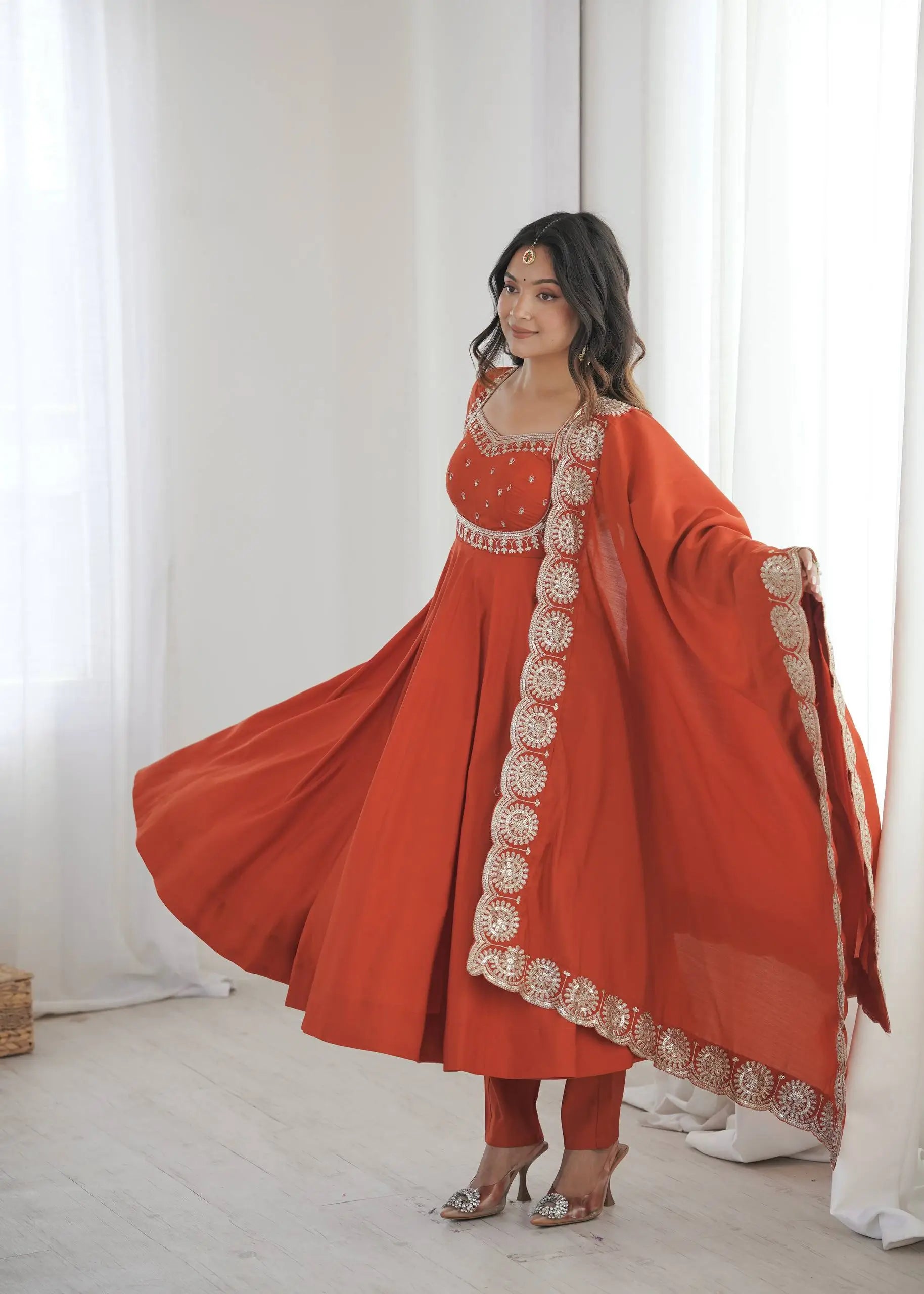 Rust Sequin Flared Gown