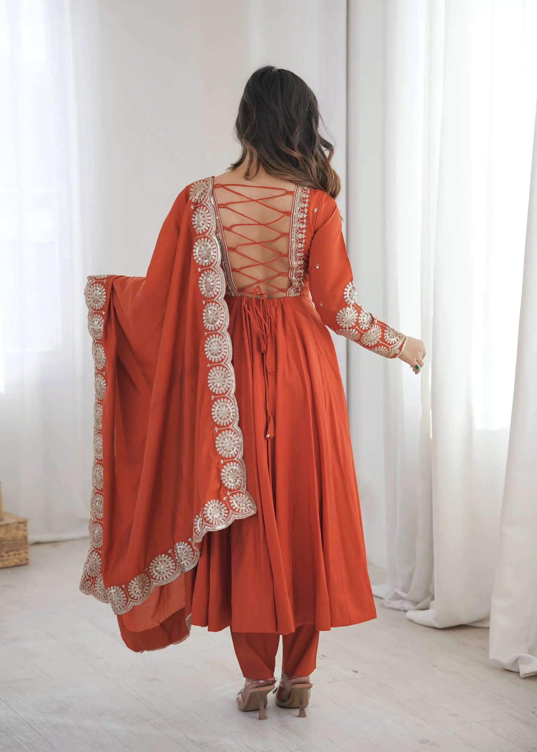 Rust Sequin Flared Gown
